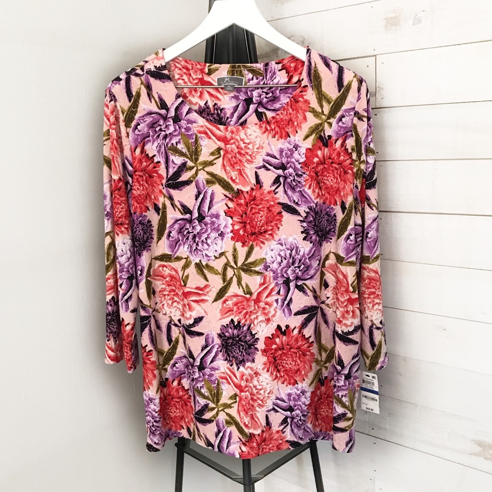 JM Collection Floral Print Embroidered Top Size XL - Picture 2 of 11